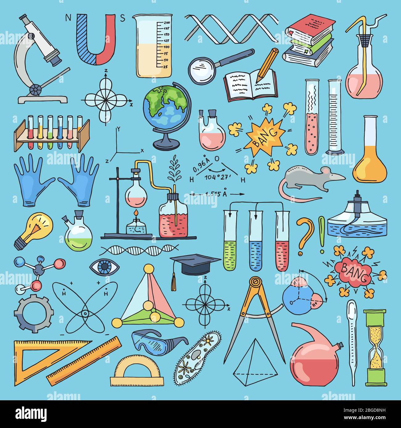 Articles colorés de biologie scientifique et de chimie. Illustrations vectorielles tracées à la main Illustration de Vecteur