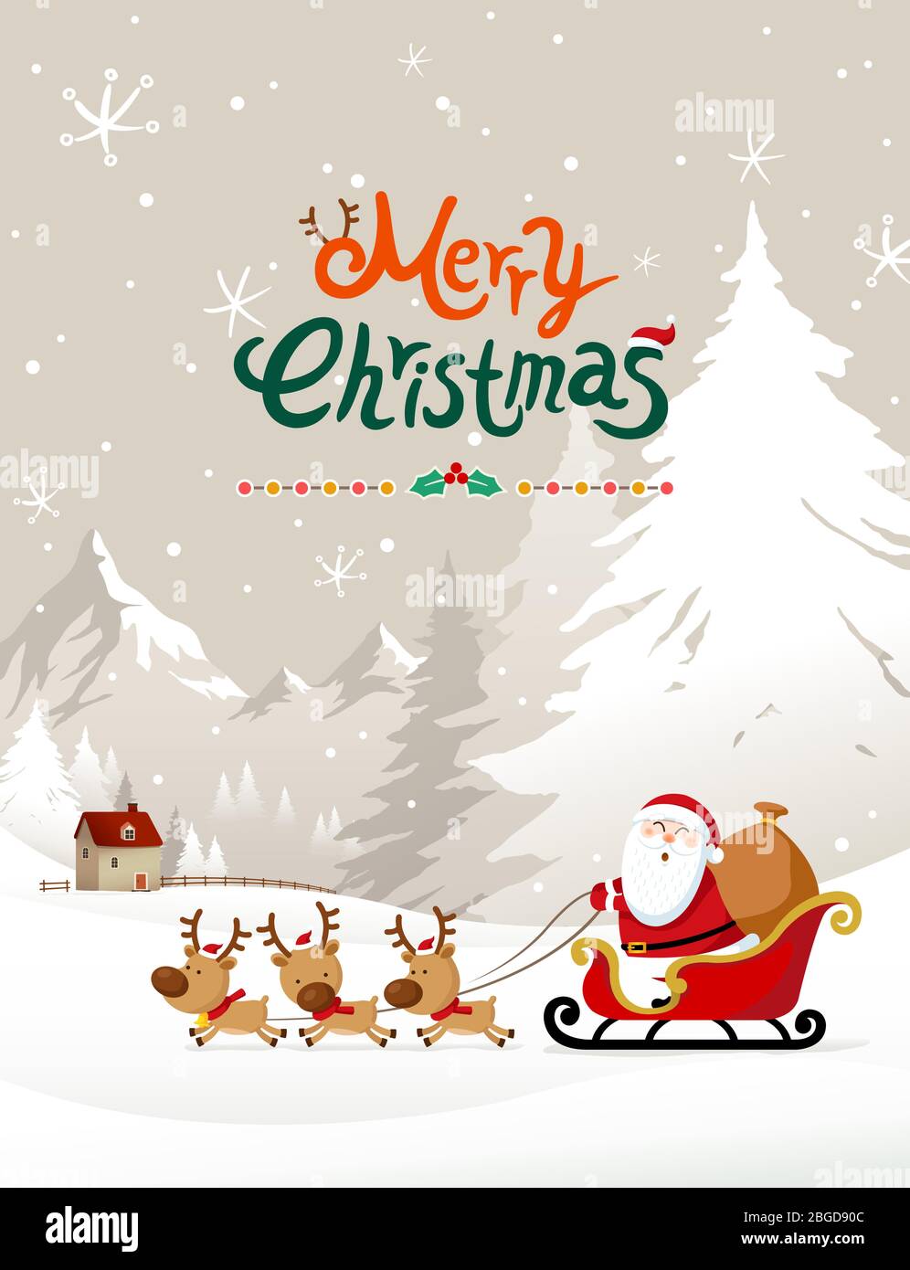 Le Père Noël en traîneau à rennes. Montagnes d'hiver et arrière-plan forestier. Illustration vectorielle de Noël joyeux Illustration de Vecteur