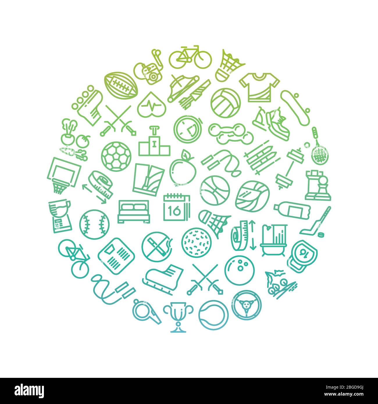 Icônes de ligne d'outils sport dans le motif cercles. Logo vert tendance sur le fitness blanc. Illustration vectorielle Illustration de Vecteur