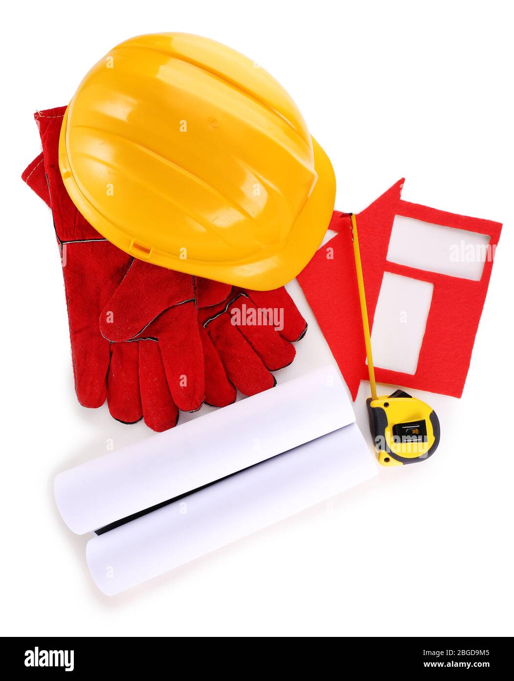 Maison de feutre avec casque et gants isolés sur blanc Banque D'Images