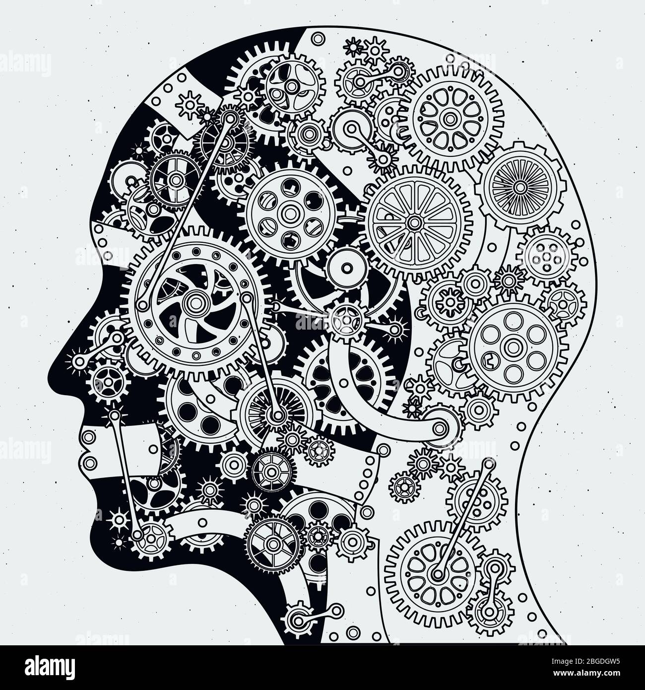 Tête humaine avec mécanisme d'horloge et roues dentées différentes. Illustrations vectorielles dessinées à la main, de style steampunk Illustration de Vecteur