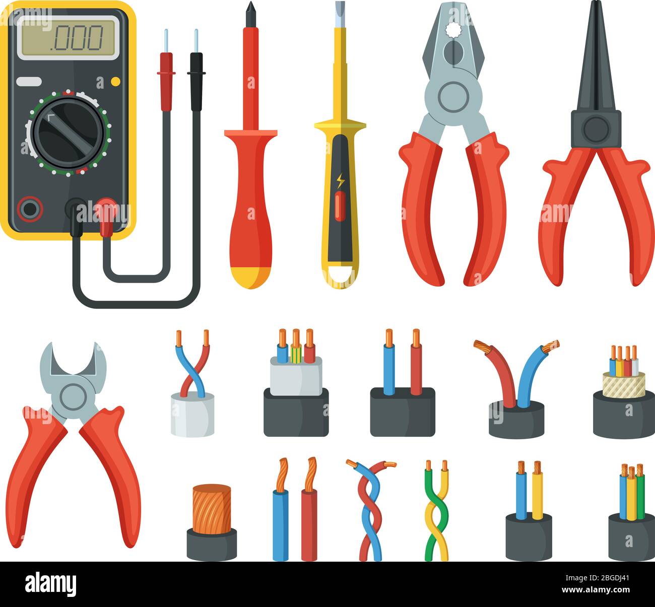 Fils de câbles électriques et différents outils électroniques. Pince coupante, multimètre. Illustrations vectorielles isolées Illustration de Vecteur