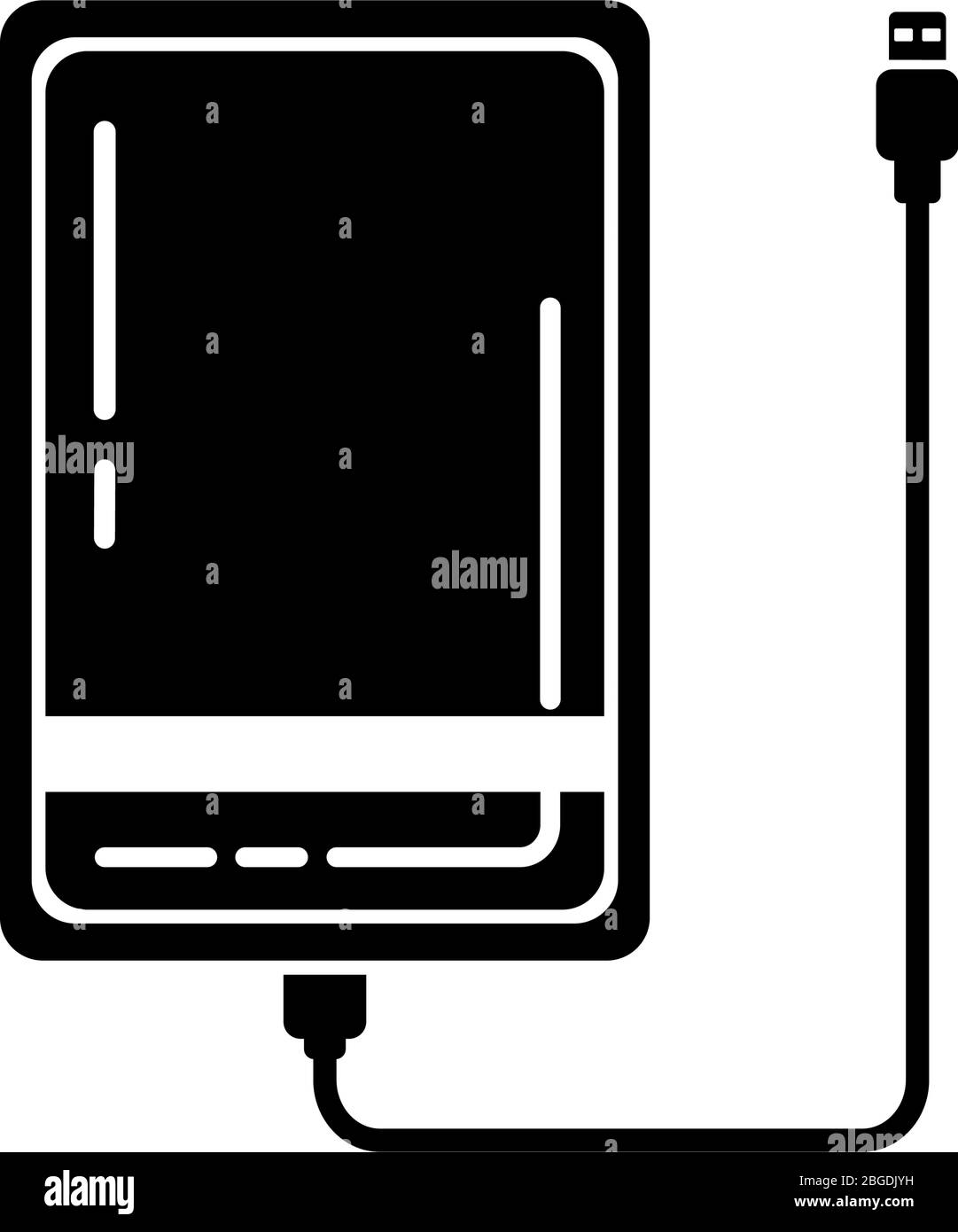 Icône de disque dur externe Glypgh avec câble USB isolé sur fond blanc. Batterie Powerbank noire pour charger des appareils mobiles. Disque dur externe portable. Illustration vectorielle de lecteur de mémoire. Illustration de Vecteur