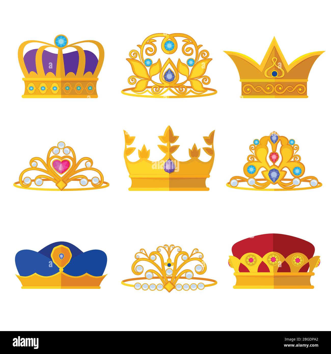Les diadèmes de princesse et les couronnes dorées des rois et des reines. Vecteur défini isoler sur blanc Illustration de Vecteur
