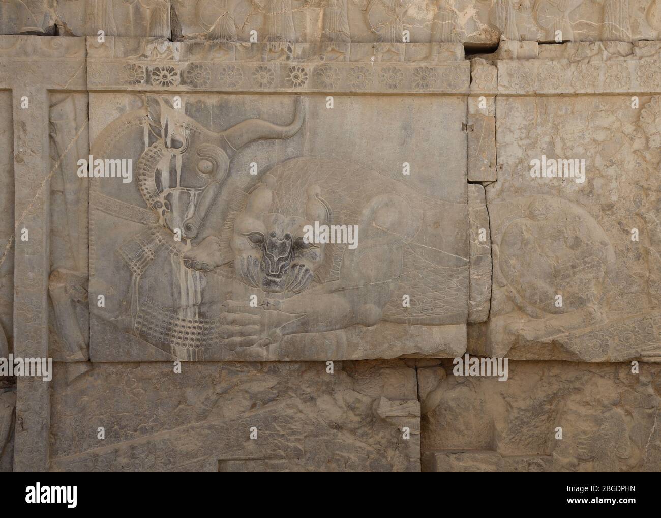 Bas-soulagement d'un lion attaquant un taureau, Persepolis, Province de Fars, Iran, Perse, Moyen-Orient. Banque D'Images