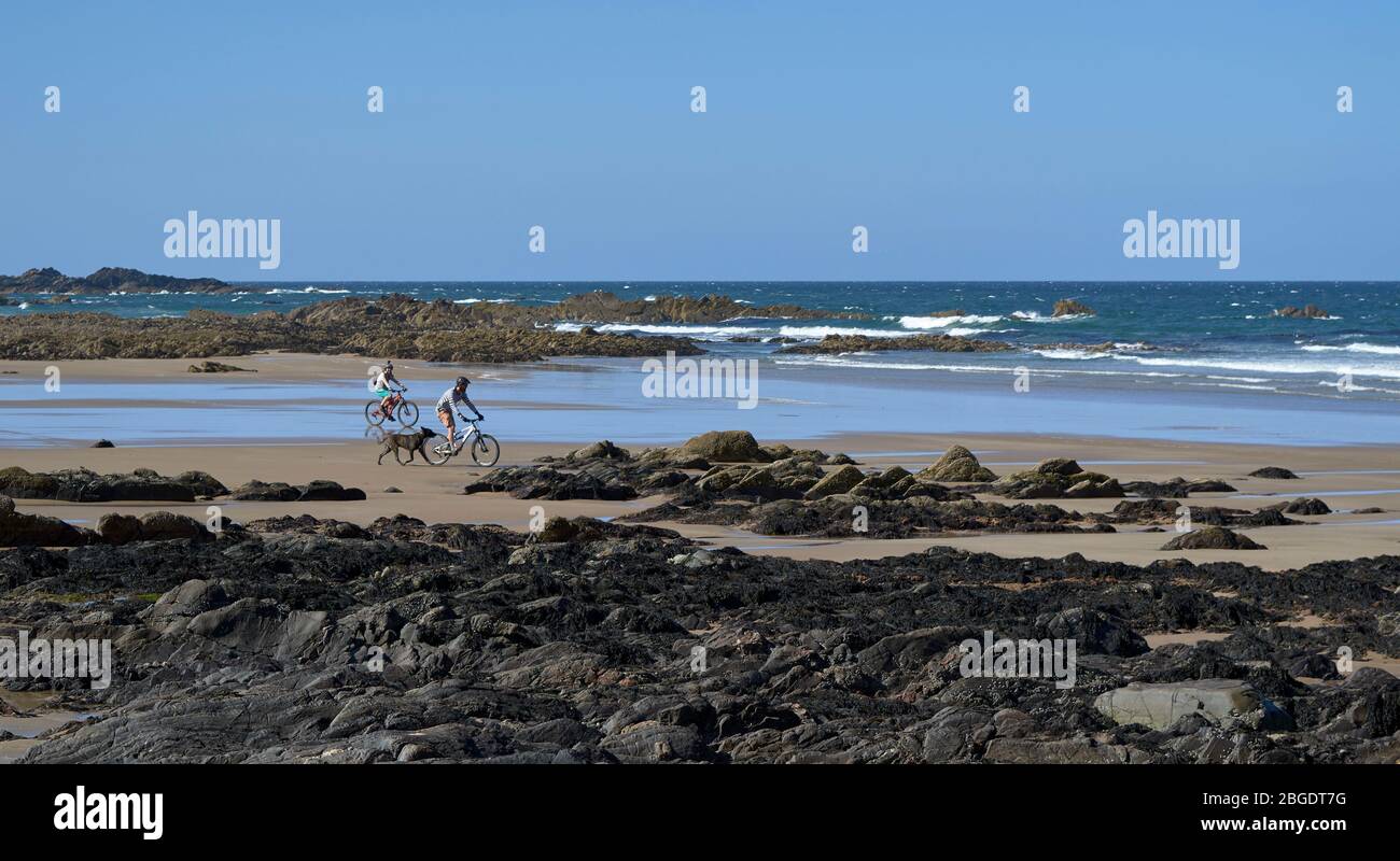 SUNNYSIDE BAY CULLEN MORAY FIRTH SCOTLAND CYCLISTES ET CHIEN SUR LA PLAGE DE SABLE Banque D'Images