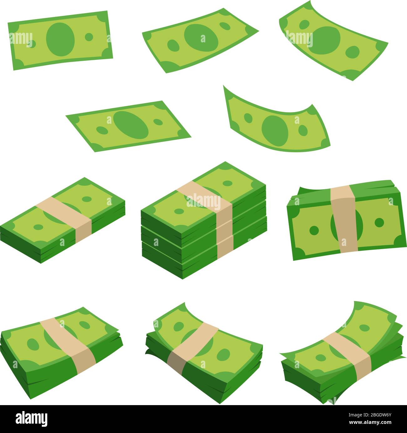 Dénomination monétaire, différentes piles d'argent. Dollars isolés sur blanc. Jeu d'illustrations vectorielles Illustration de Vecteur