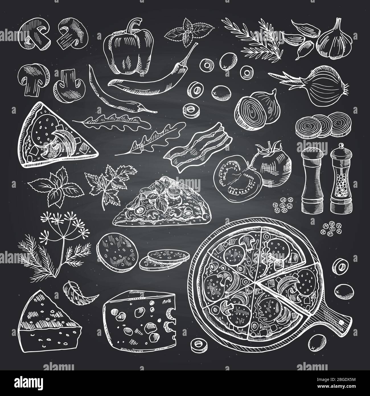 Illustrations d'ingrédients de pizza sur tableau noir. Ensemble de photos de cuisine italienne Illustration de Vecteur