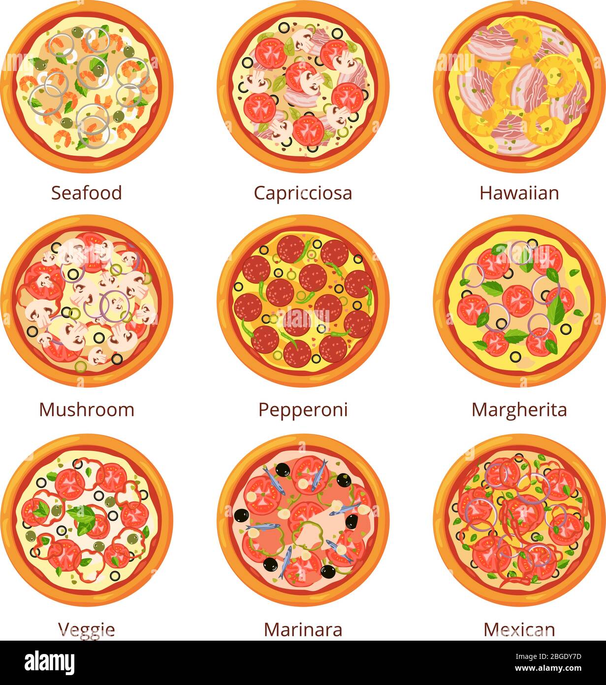 Cuisine italienne classique. Vue sur le dessus de la pizza dans un style de dessin animé. Illustrations vectorielles isolées en blanc Illustration de Vecteur