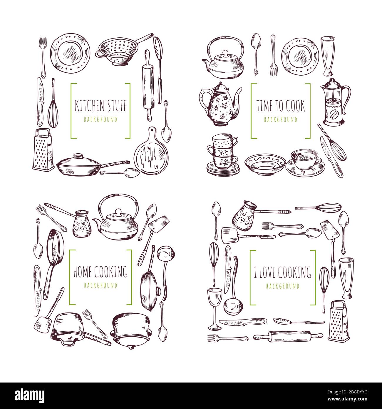 Éléments de cuisine cadres et lieu pour votre texte. Arrière-plan vectoriel de la nourriture Illustration de Vecteur