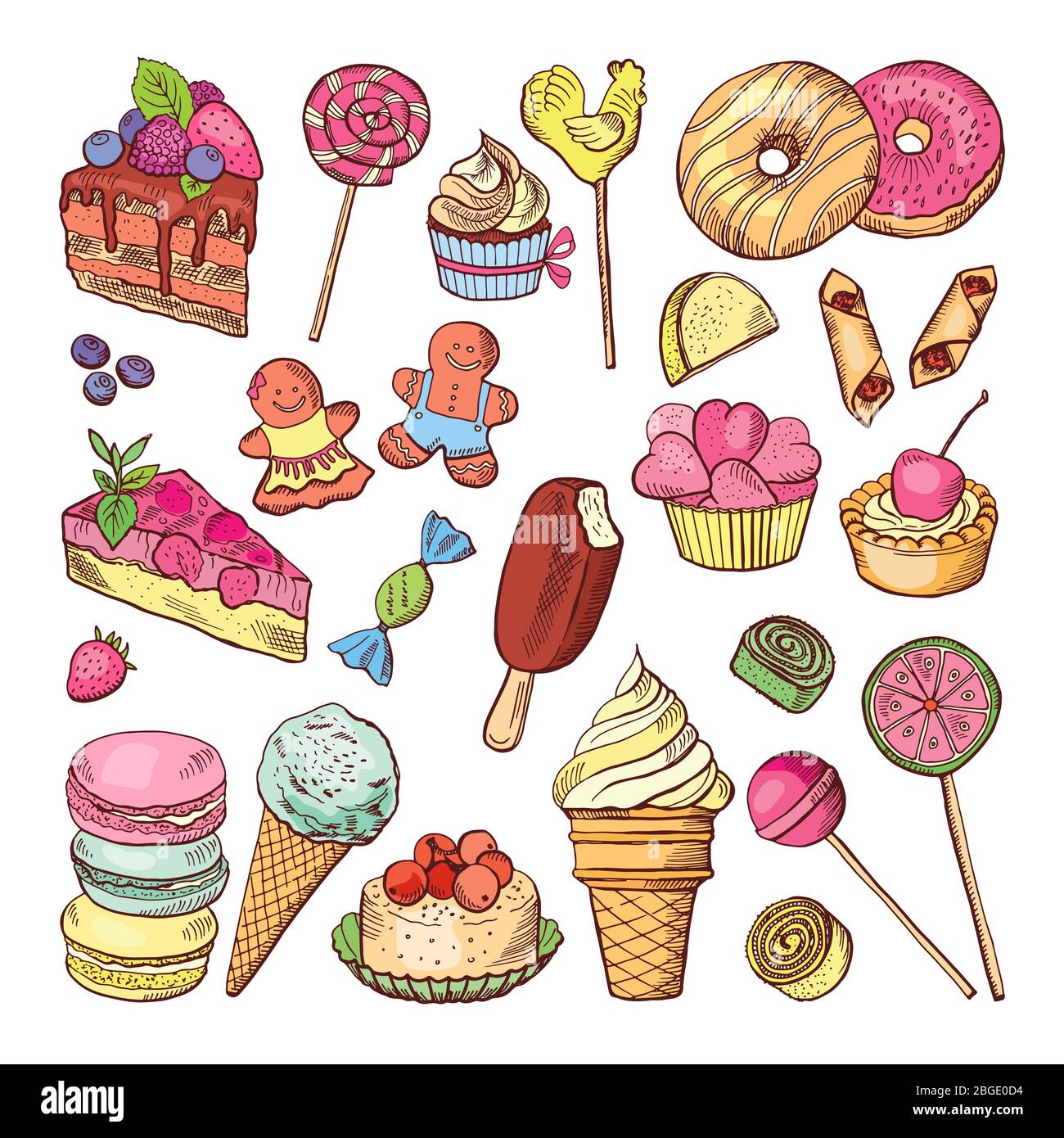 Desserts de mariage, bonbons cupcakes et glace dans le style dessiné à la main. Collection de coloriage de dessin vectoriel Illustration de Vecteur