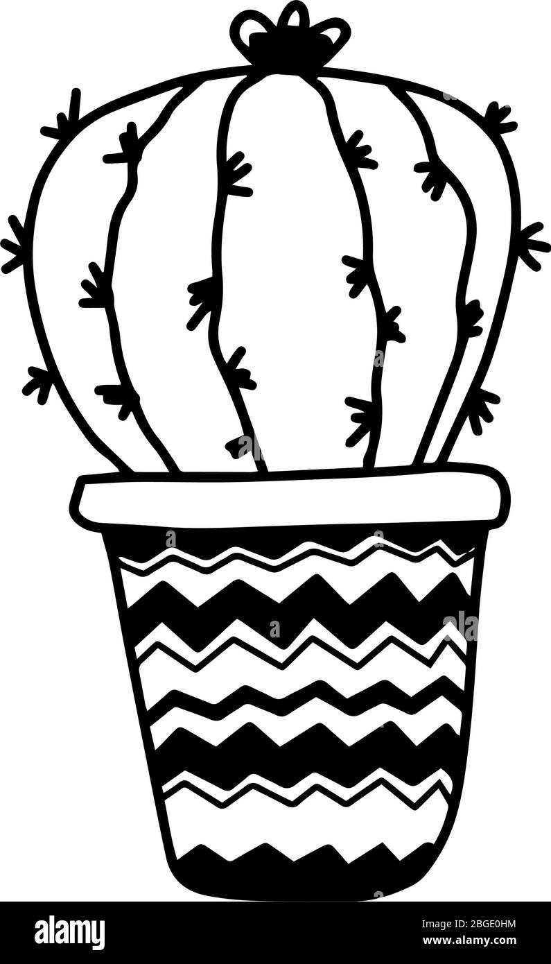 Maison dessinée à la main plantez le cactus rond dans le pot dans le style de dessin animé de dessin animé isolé sur fond blanc. Vecteur contour de la collection de plantes en pot. Po quarantaine Illustration de Vecteur