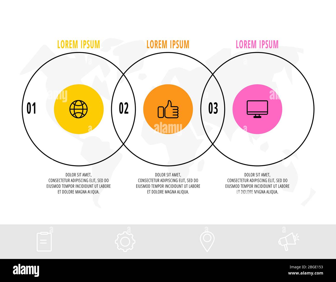 Diagramme de travail avec 3 éléments circulaires avec flèches. Concept vectoriel à plat de trois options d'entreprise à choisir. Infographies conception moderne Illustration de Vecteur