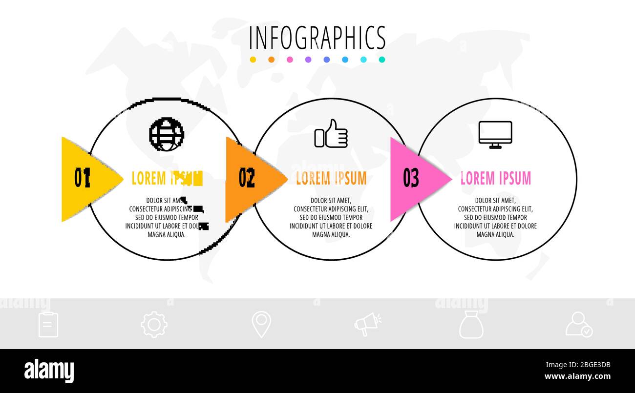 Diagramme de travail avec 3 éléments circulaires avec flèches. Concept vectoriel à plat de trois options d'entreprise à choisir. Infographies conception moderne Illustration de Vecteur