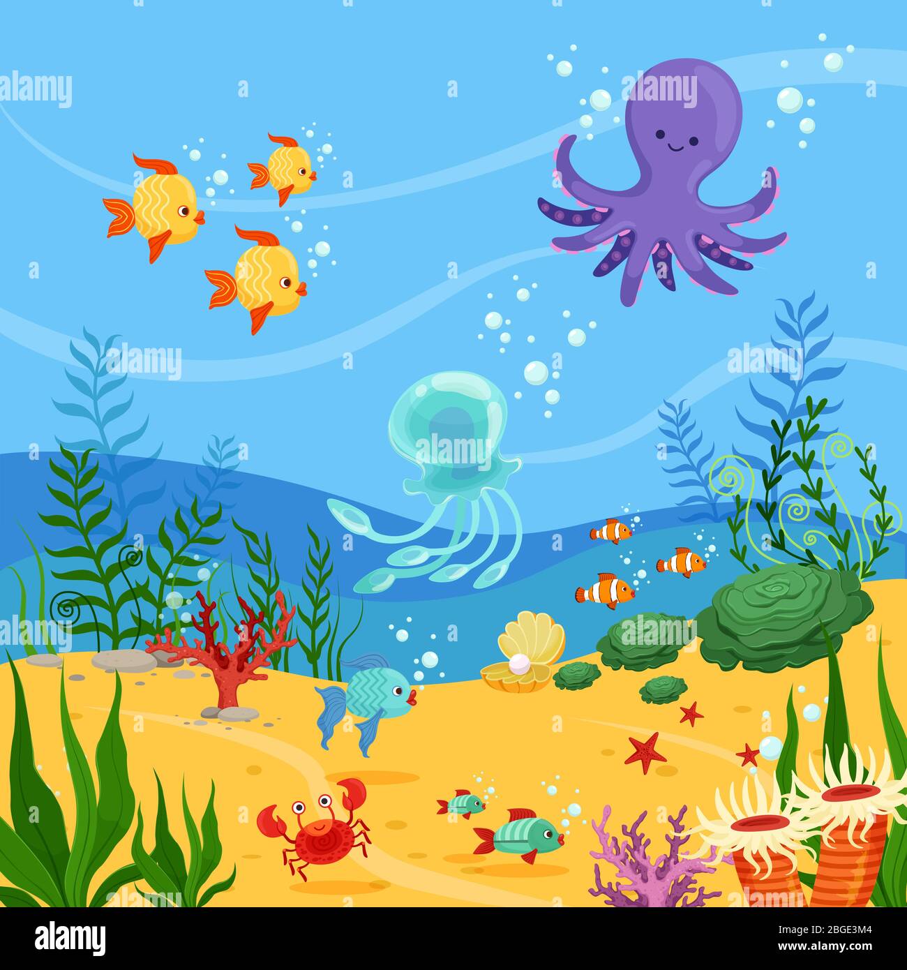 Illustration sous-marine du fond avec les animaux, les plantes et les poissons de l'océan. Images vectorielles Illustration de Vecteur