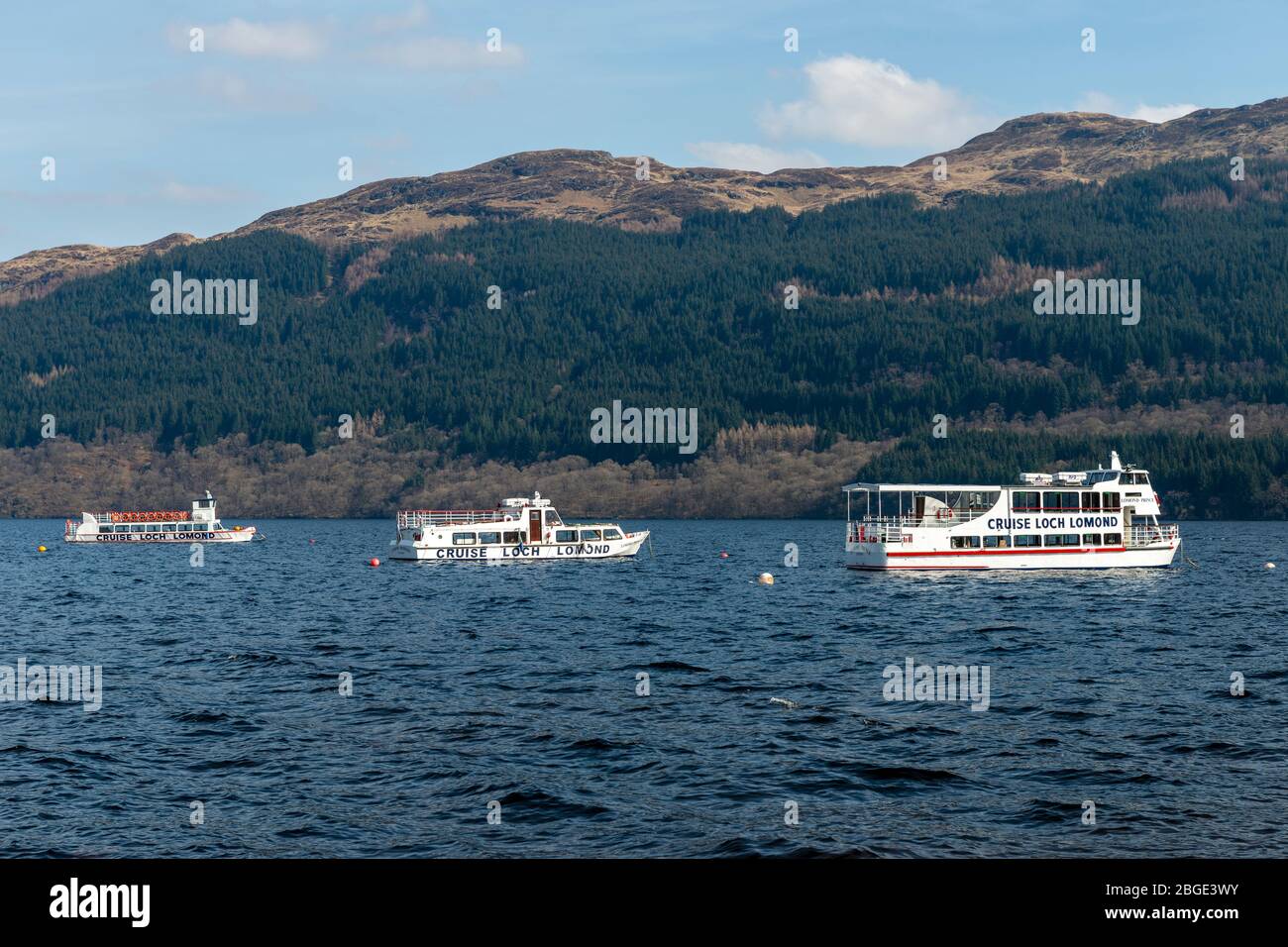 MVS Lomond Chieftain, Lomond Princess et Lomond Prince amarrés au quai de Tarbet pendant le confinement du coronavirus - Tarbet, Loch Lomond, Écosse, Royaume-Uni Banque D'Images