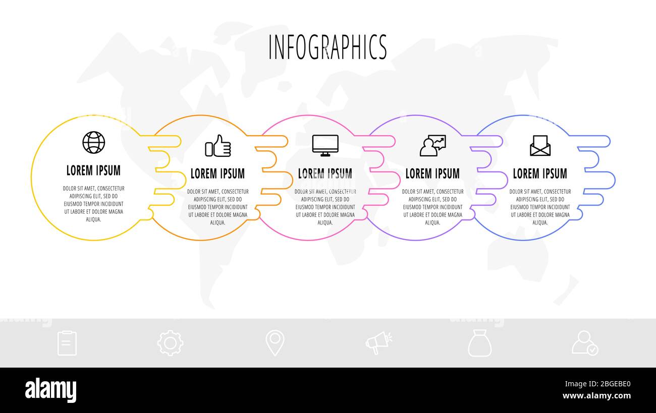 Diagramme de gestion avec 5 éléments circulaires et icônes. Concept vectoriel plat de cinq options d'entreprise à choisir. Infographies conception moderne Illustration de Vecteur
