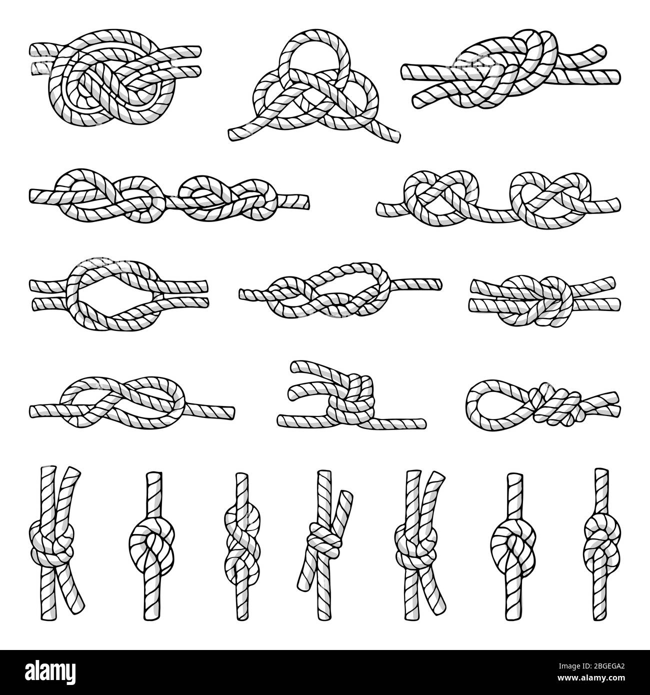 Illustrations de nœuds et nœuds nautiques différents. Ensemble d'icônes de cordage. Les photos dessinées à la main s'isolent sur le blanc Illustration de Vecteur
