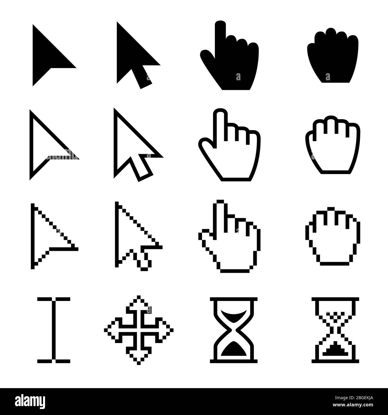 Curseurs web flèches, pointeurs manuels numériques vectoriels pictogrammes noirs. Flèche curseur pixel numérique, Web pointage et sablier illustration Illustration de Vecteur
