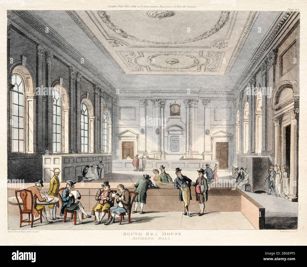 Maison de la mer du Sud, Dividend Hall, gravure par Thomas Rowlandson & Augustus Charles Pugin, 1810 Banque D'Images Maison de la mer du Sud, Dividend Hall, gravure par Thomas Rowlandson & Augustus Charles Pugin, 1810 Banque D'Images
