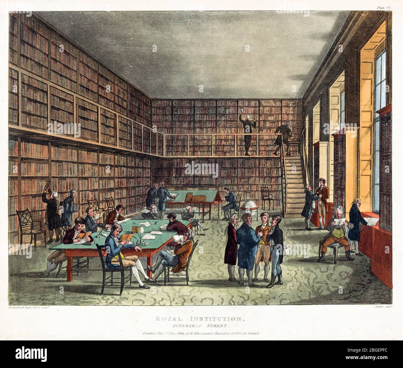 Bibliothèque de l'établissement Royal, rue Albemarle, gravure par Thomas Rowlandson et Augustus Charles Pugin, 1809 Banque D'Images