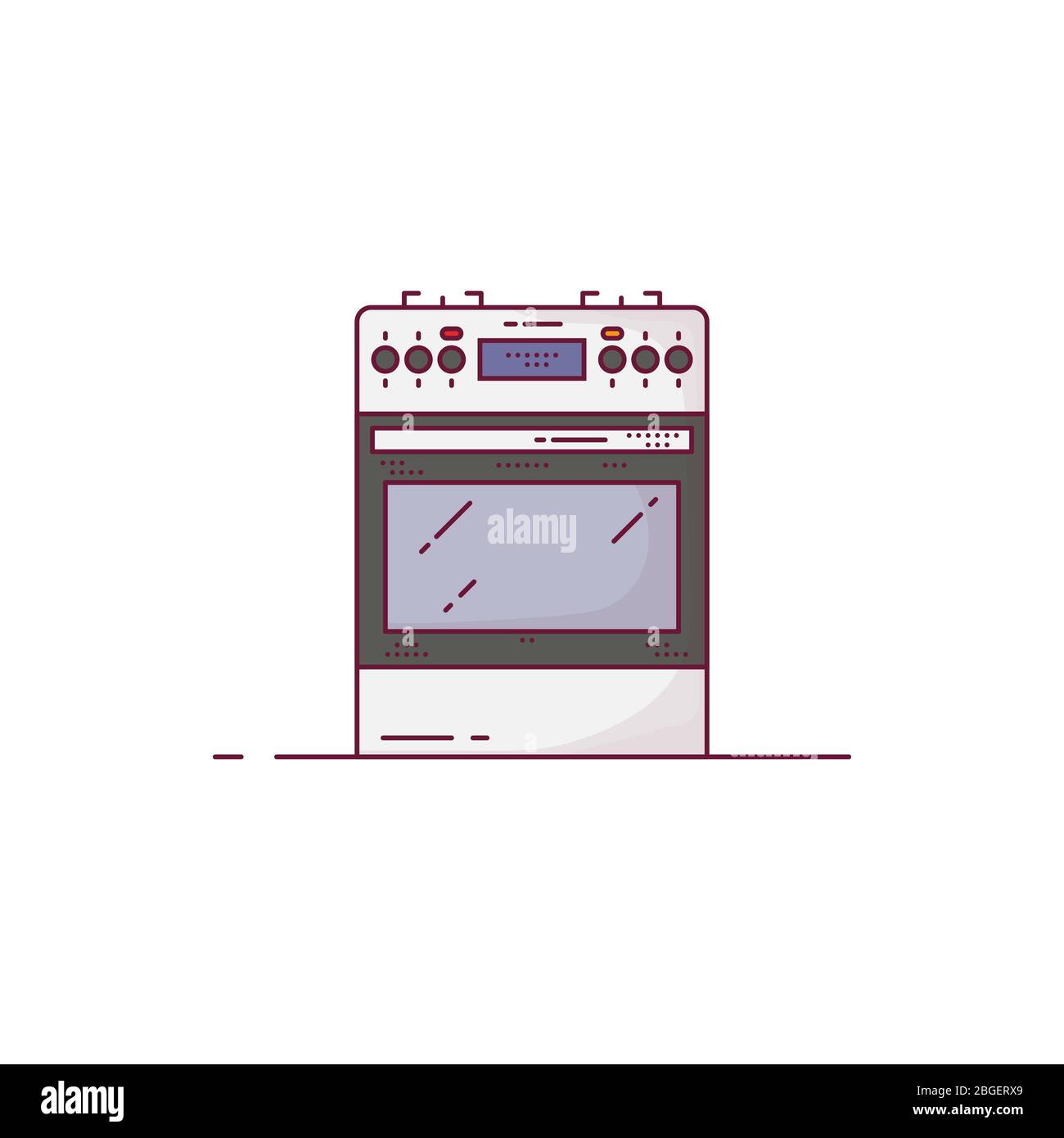 Cuisine cuisinière moderne. Cuisinière à gaz ou électrique avec four. Four blanc avec molette et porte en verre. Contour de l'image vectorielle. Maison ustensiles de cuisine style ligne Illustration de Vecteur