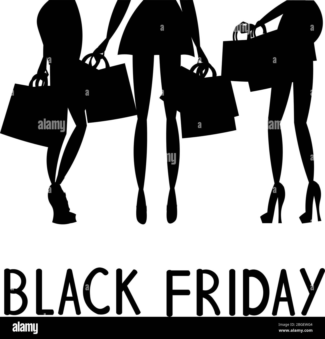 Vendredi noir. Ventes saisonnières et réductions. Silhouette de jambes minces de filles. Femmes en robes courtes et jupes, talons hauts. Amies avec shopping Illustration de Vecteur