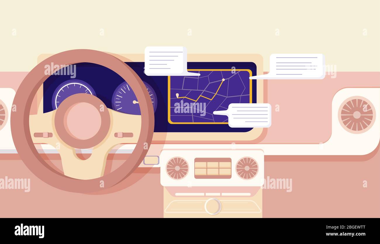 Illustration plate vectorielle d'aide à la conduite intelligente dans le cockpit de navigation de voiture de dessin animé Illustration de Vecteur