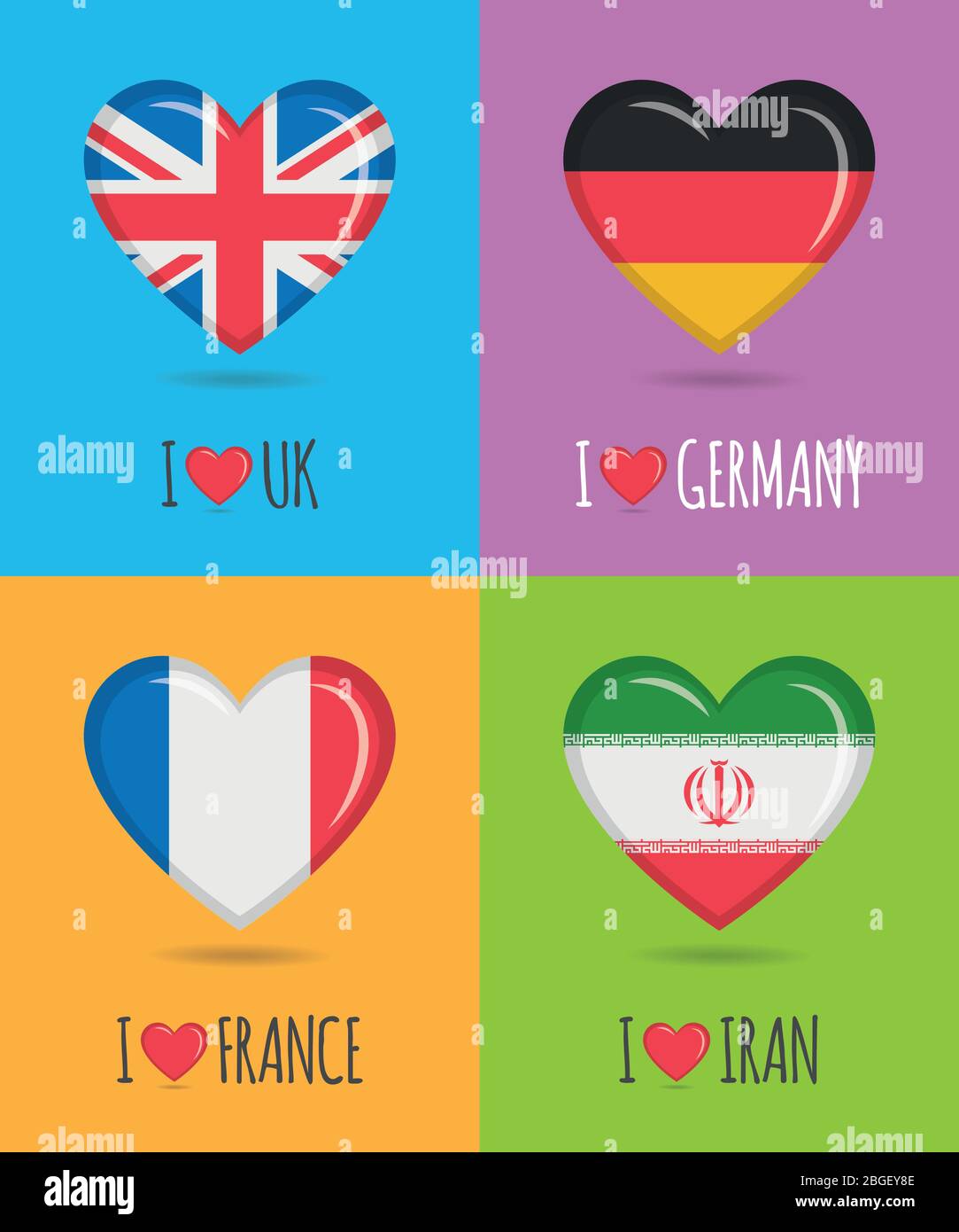 Affiches affectueuses et colorées du Royaume-Uni, de l'Allemagne, de la France et de l'Iran avec drapeau national en forme de coeur et illustration vectorielle de texte Illustration de Vecteur