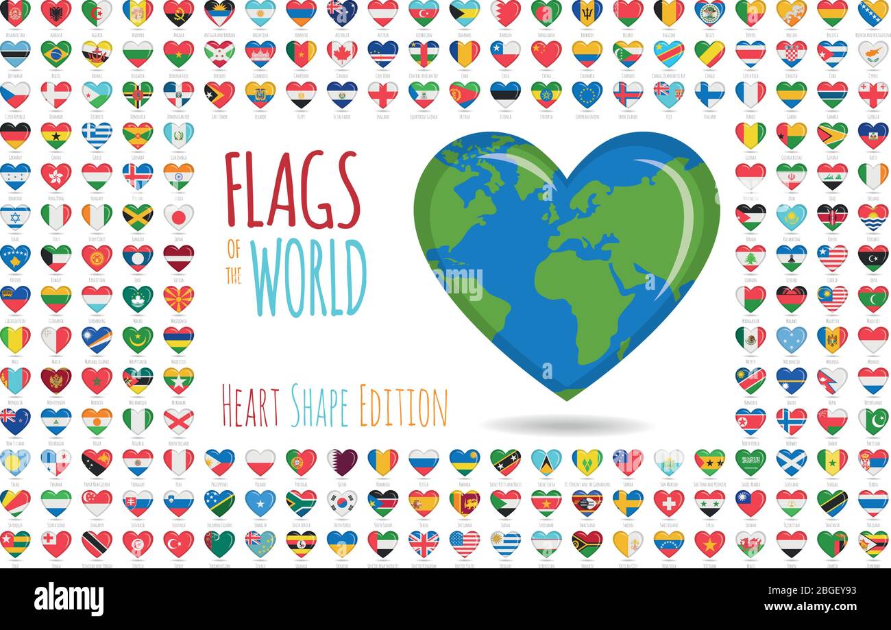 Ensemble de 204 drapeaux en forme de coeur de tous les pays souverains du monde. Illustration vectorielle de jeu d'icônes. Illustration de Vecteur