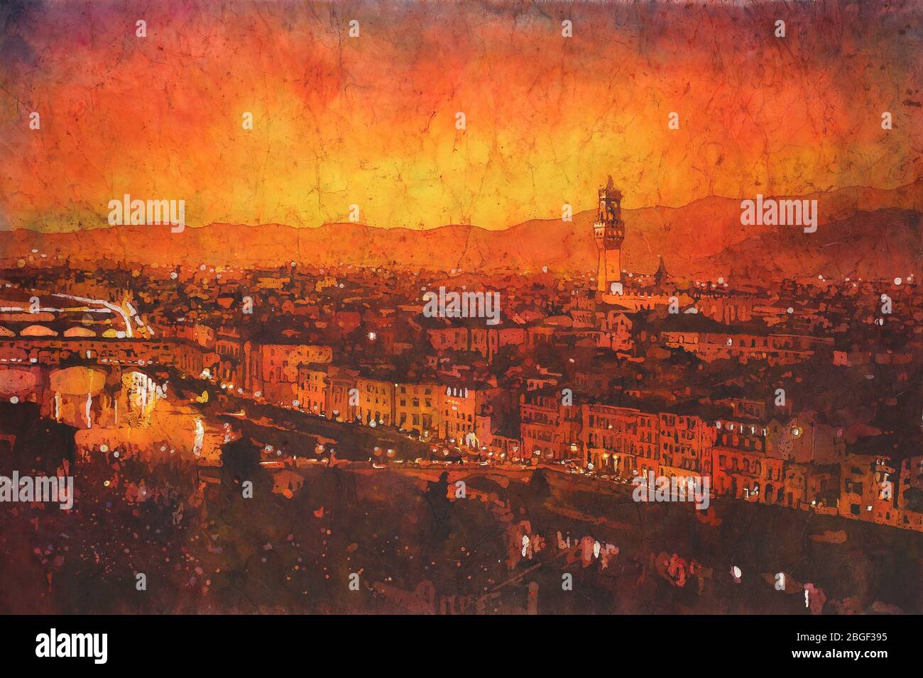 Palazzo et Ponte Vecchio à Florence, Italie au coucher du soleil. Peinture batik aquarelle. Banque D'Images