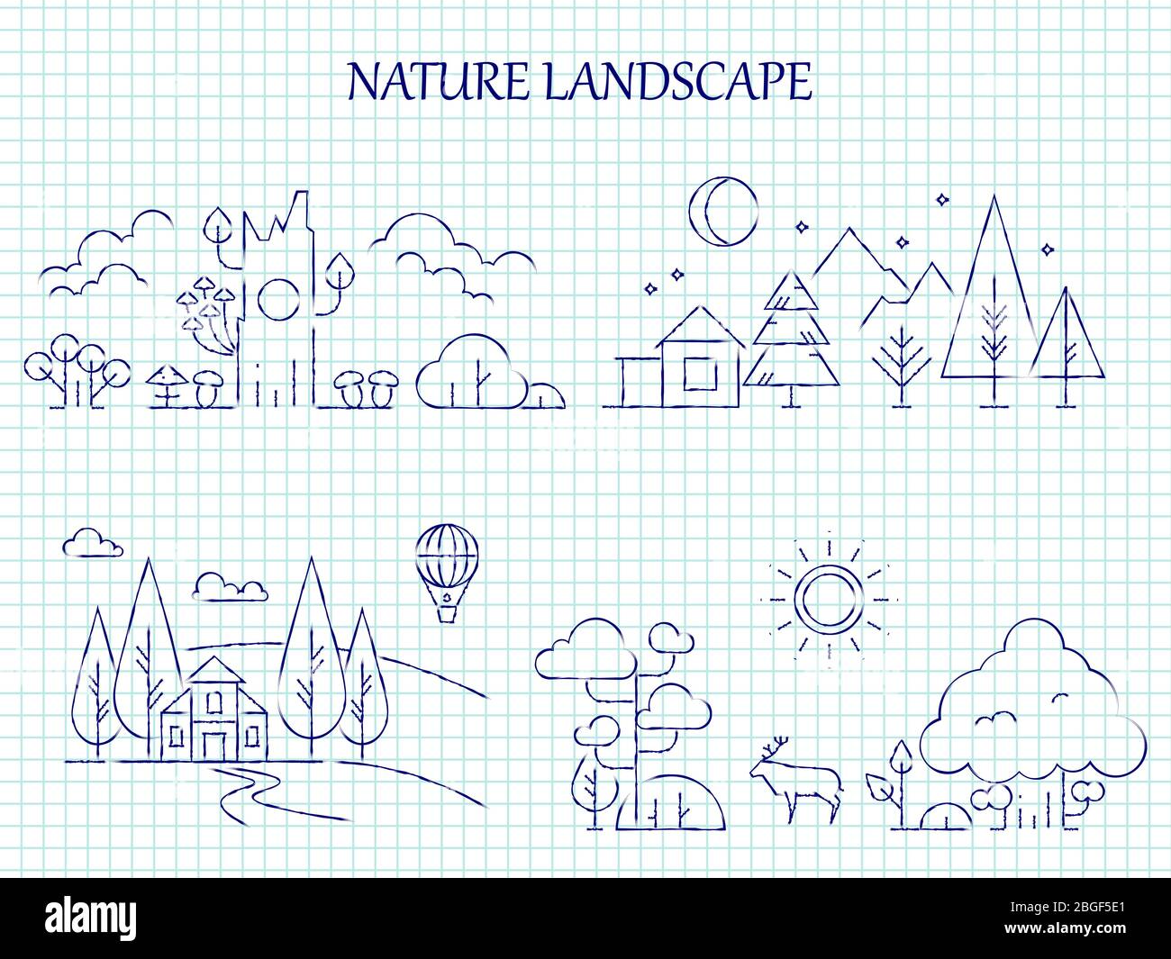 Ligne paysage naturel dessinée à la main définie sur le carnet de pages. Illustration vectorielle Illustration de Vecteur