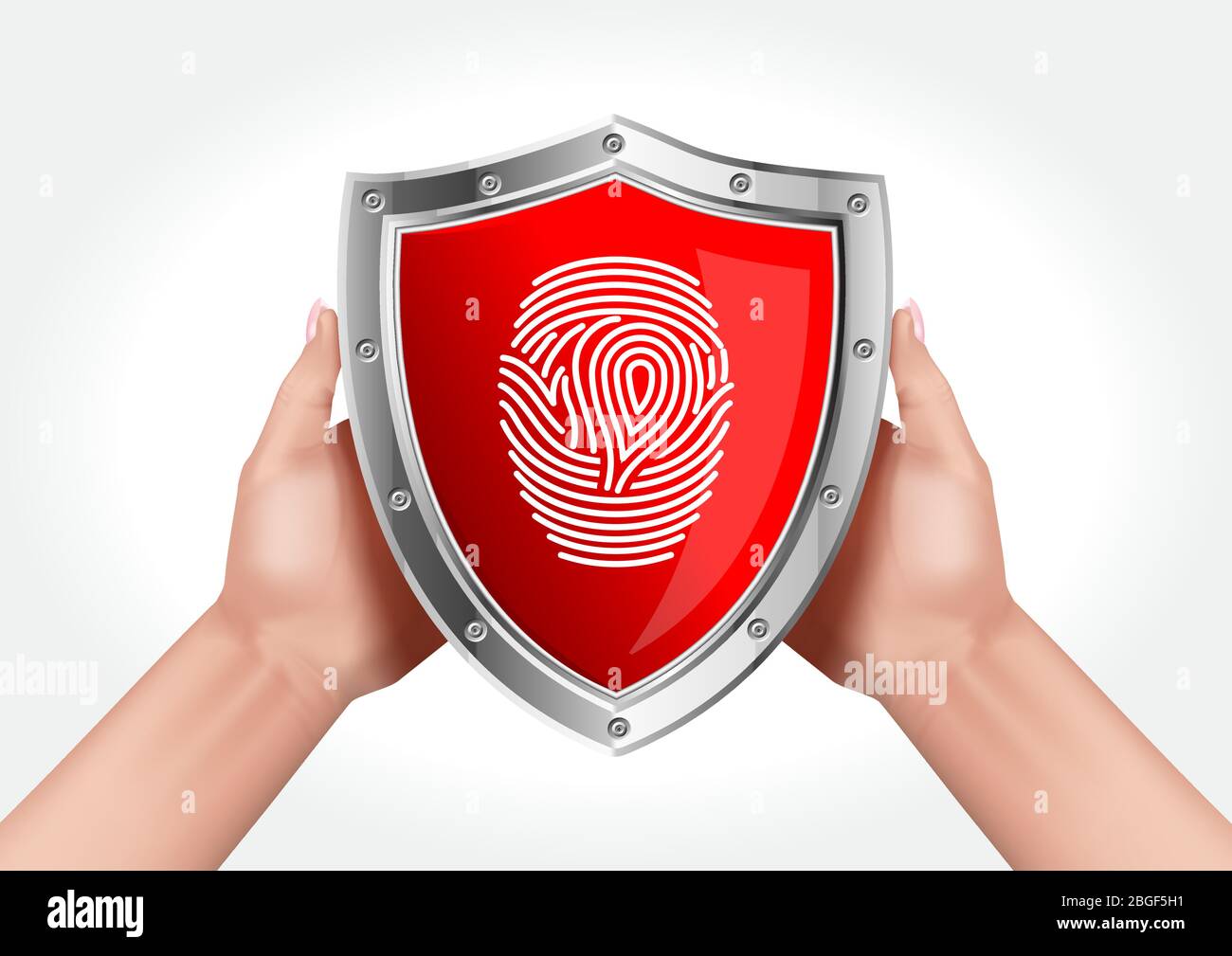 Mains tenant un bouclier symbolisant la protection des données à l'aide d'une empreinte digitale. Illustration de Vecteur