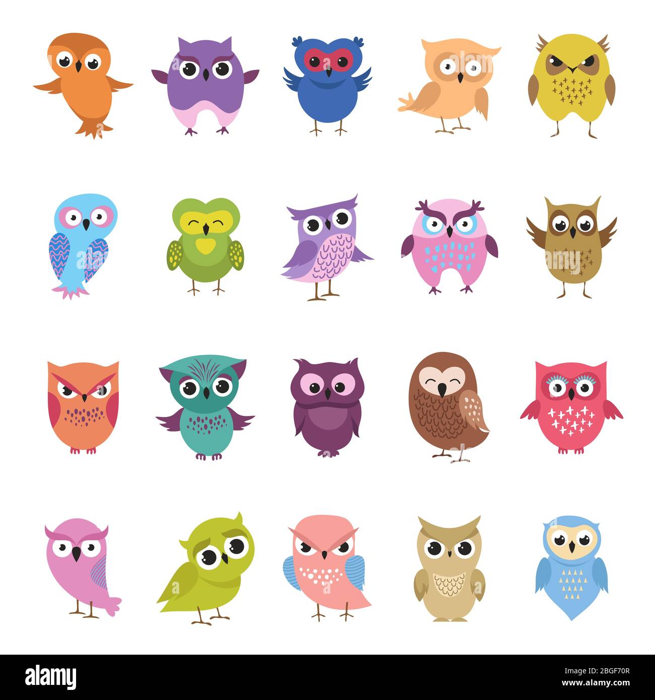 Ensemble de chouettes à motif dessin animé. Grande collection d'oiseaux colorés et drôle. Illustration vectorielle Illustration de Vecteur