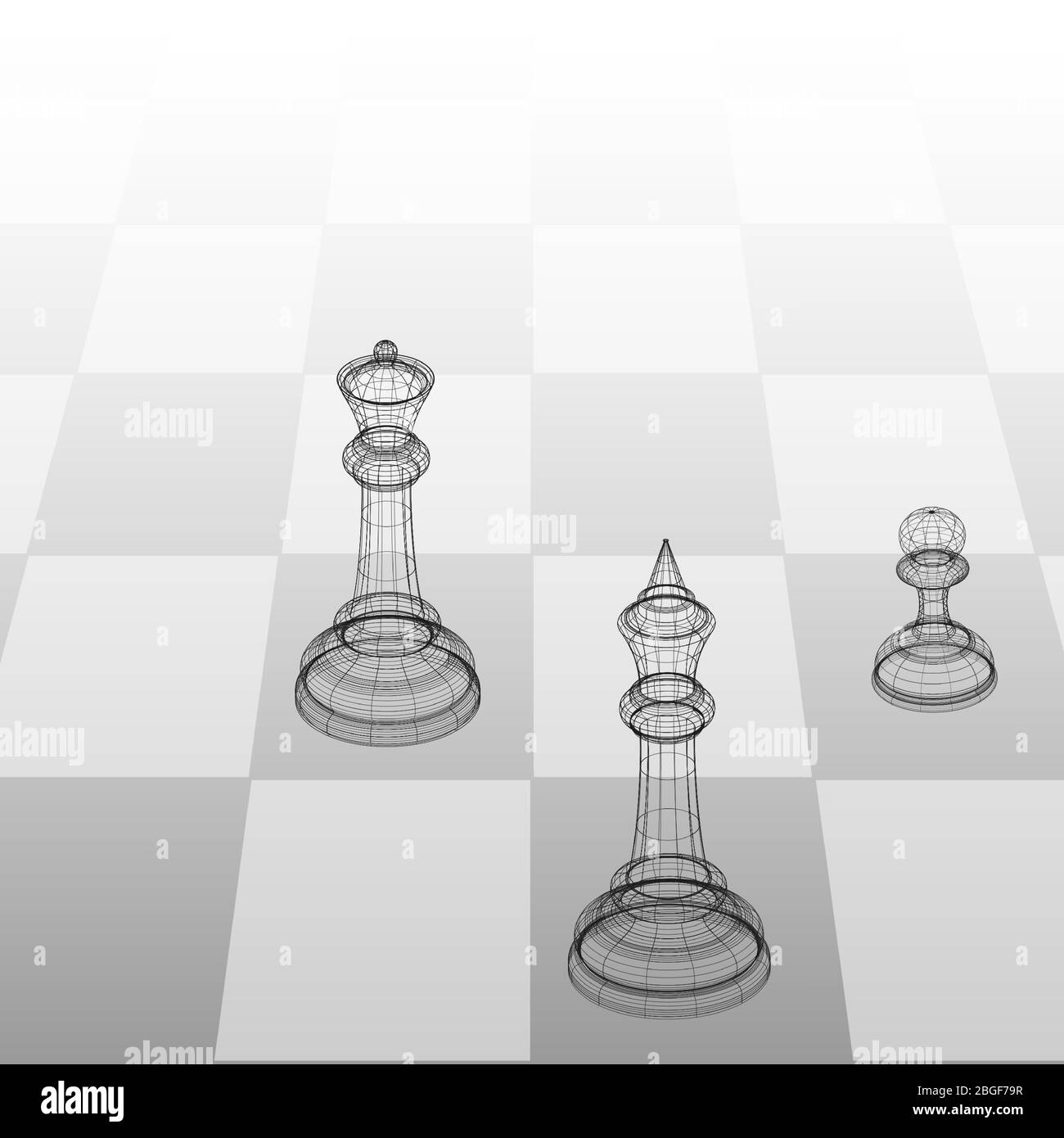 illustration du cadre en trois dimensions pièces d'échecs roi, reine et pion sur un chessboard en perspective Illustration de Vecteur