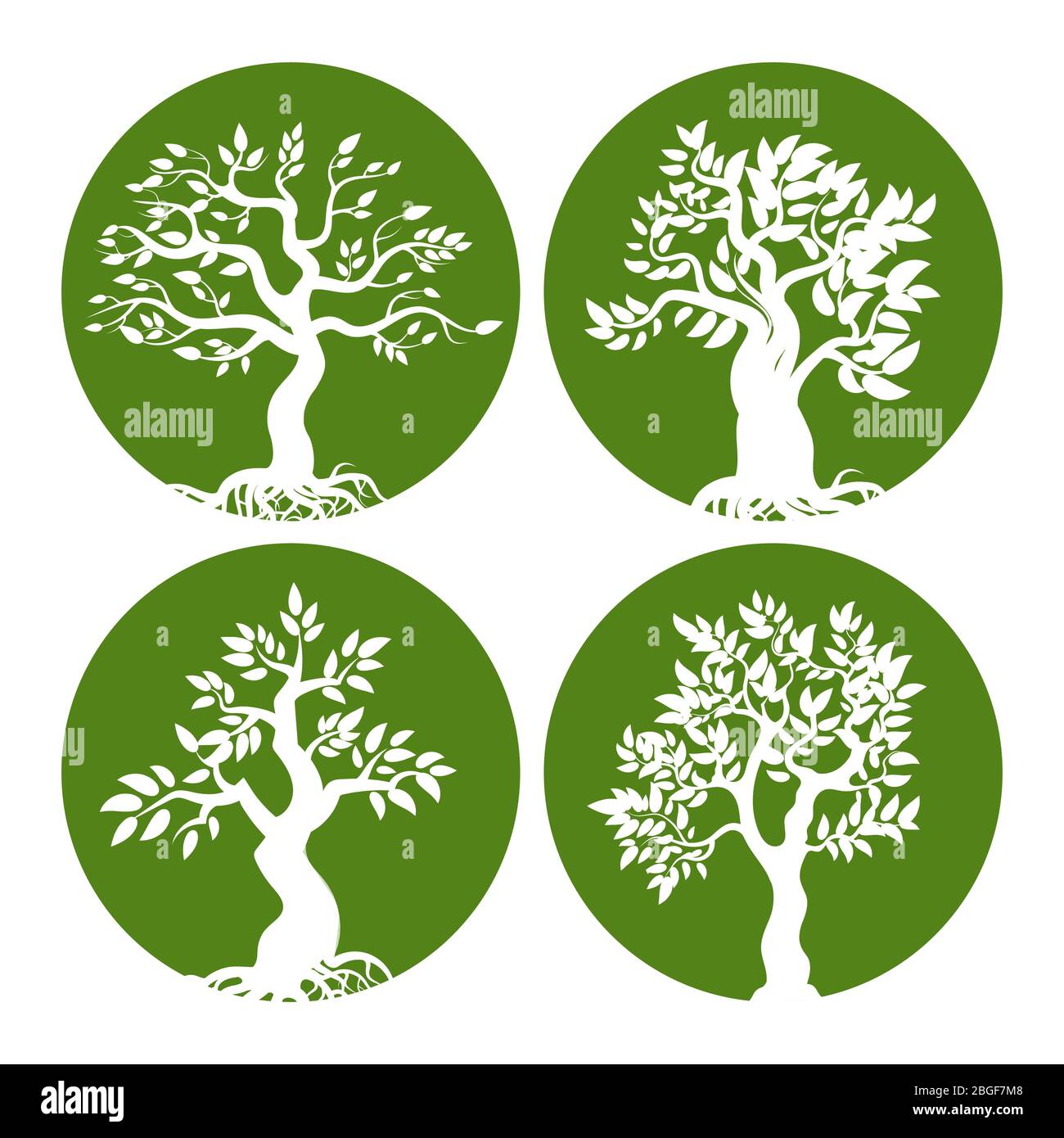 Jeu d'icônes de silhouette d'arbre vert. Vert arbre nature dans la collection d'emblèmes ronds. Illustration vectorielle Illustration de Vecteur