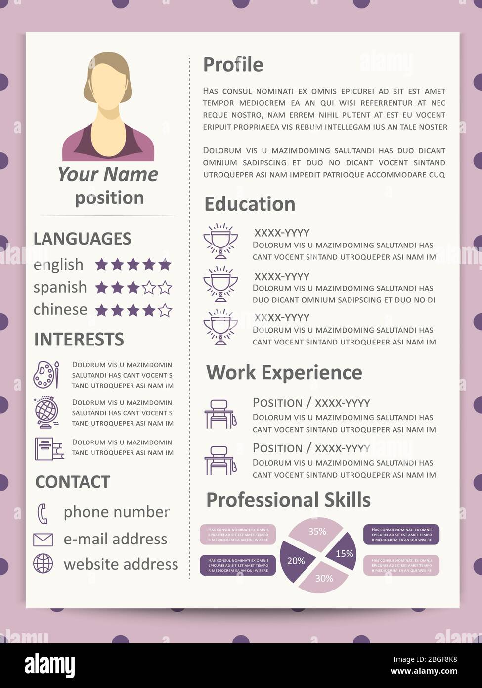 Modèle de CV féminin à l'élégance mignonne avec éléments infographiques et icônes de ligne. Illustration vectorielle Illustration de Vecteur