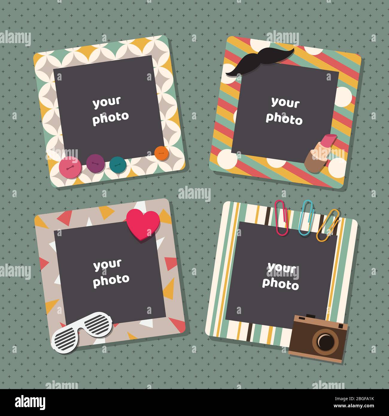 Cadres photo vintage scrapbook. Modèles vectoriels rétro pour enfants anniversaire photo frame. Cadre photo, photo d'album, photo sur l'illustration murale Illustration de Vecteur