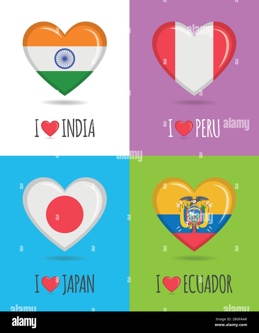 Affiches épris et colorées de l'Inde, du Pérou, du Japon et de l'Équateur avec drapeau national en forme de coeur et illustration vectorielle de texte Illustration de Vecteur