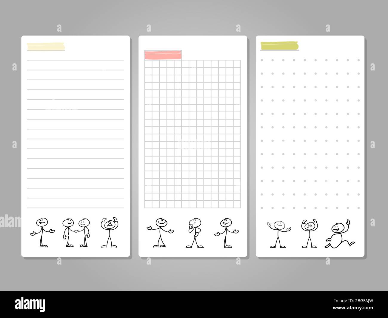 Pages pour notes, étiquettes, cartes avec de jolis personnages de ligne. Bloc-notes de page papier, papier à lettres vierge avec illustration de caractères de figure, illustration vectorielle Illustration de Vecteur