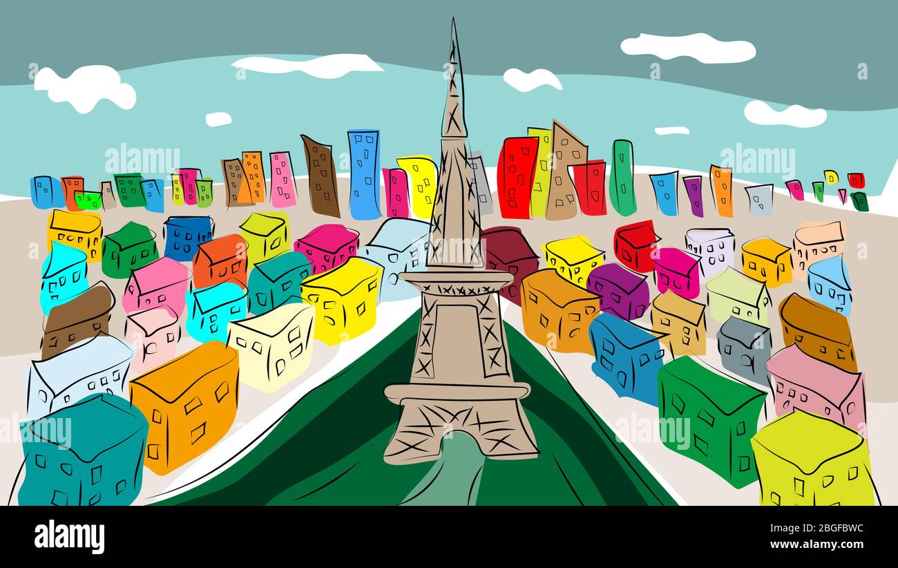 La ville colorée de Paris. Tiré à la main. Imitation d'une image colorante avec des peintures aquarelles. Dessin pour enfants. Illustration de Vecteur