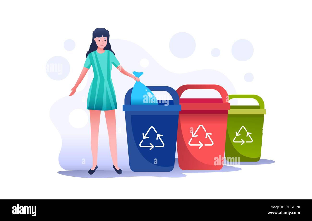 La fille jette un sac poubelle. Comportement correct de collecte de déchets différents types de déchets. Illustration de Vecteur