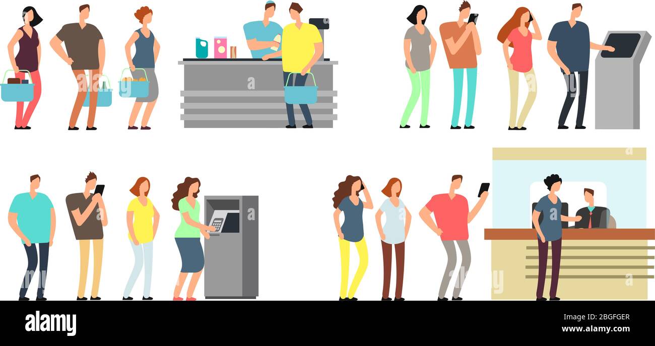 Files d'attente de personnes vecteur ensemble. Homme et femme debout en ligne à atm, terminal et banque vecteur dessins animés icônes définies. Placez l'homme et la femme en file d'attente dans la banque atm, illustration du comptoir bancaire de financement Illustration de Vecteur