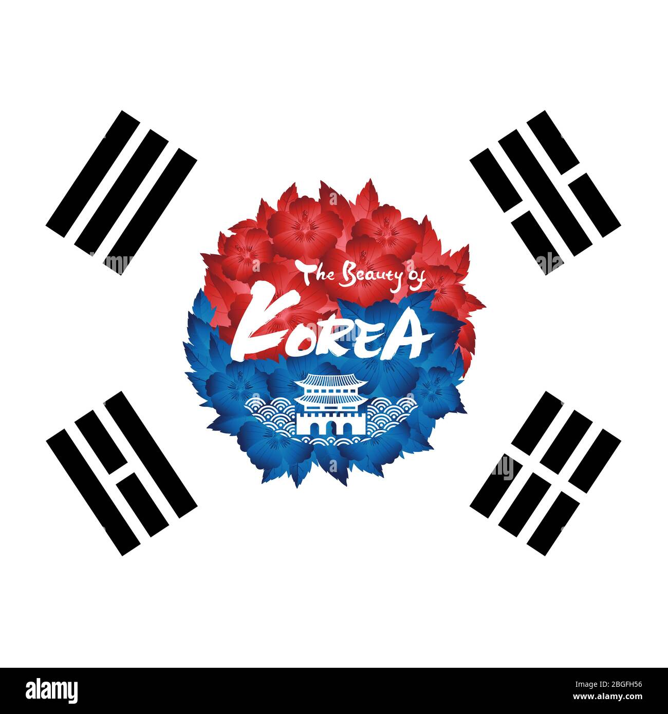 Magnifique motif emblème de la calligraphie coréenne, de la fleur de Mugunghwa et du drapeau de Corée Illustration de Vecteur