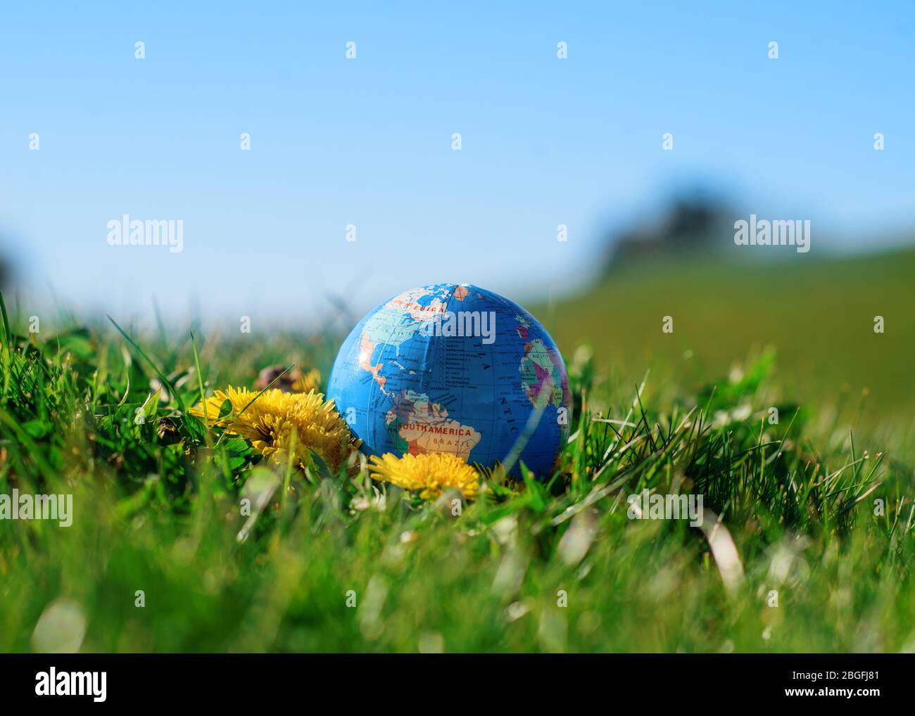 Globe / Terre sur l'herbe verte et les pissenlits jaunes contre le ciel bleu. Le monde dans la paume de votre main Banque D'Images