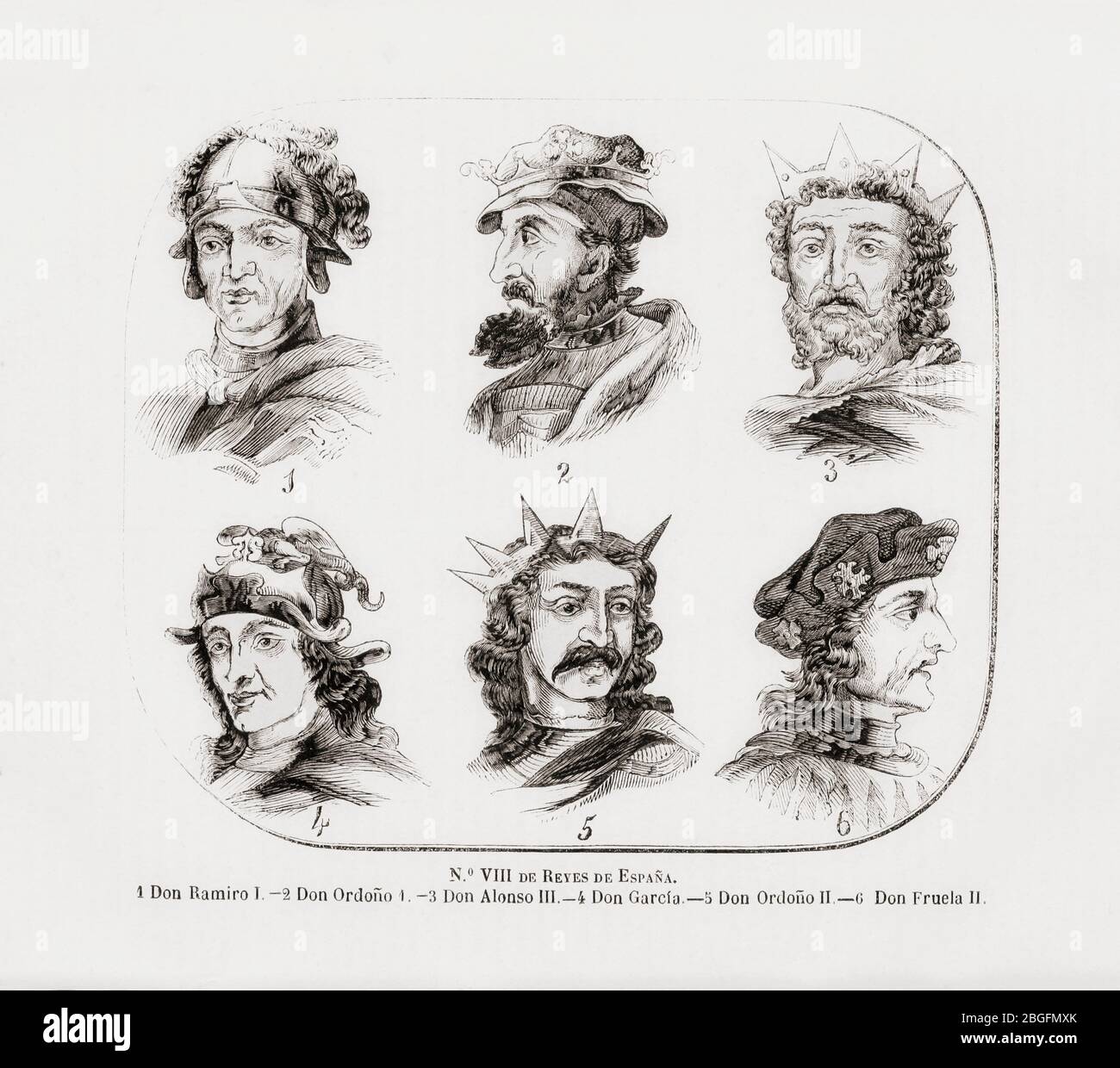 Six rois espagnols. Ils sont nommés dans la légende sous les portraits. De Las Glorias Nacionales, publié à Madrid et Barcelone, 1852. Banque D'Images