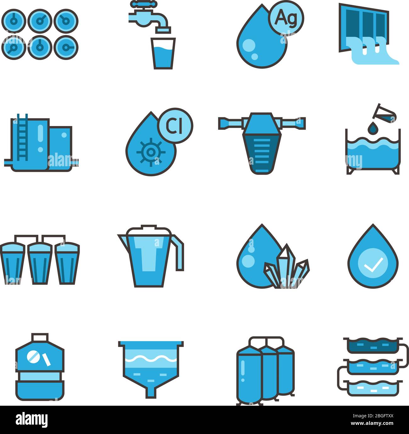 Ensemble d'icônes de vecteur de boues d'épuration pour l'installation de traitement des eaux usées et le filtre à eau. Eaux d'égout, illustration de la purification du système Illustration de Vecteur