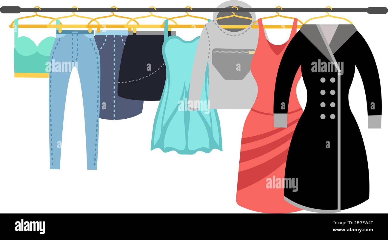 Vêtements pour femmes. Vêtements décontractés colorés pour femmes accrochés à l'illustration vectorielle. Femme de garde-robe avec robe et vêtements Illustration de Vecteur