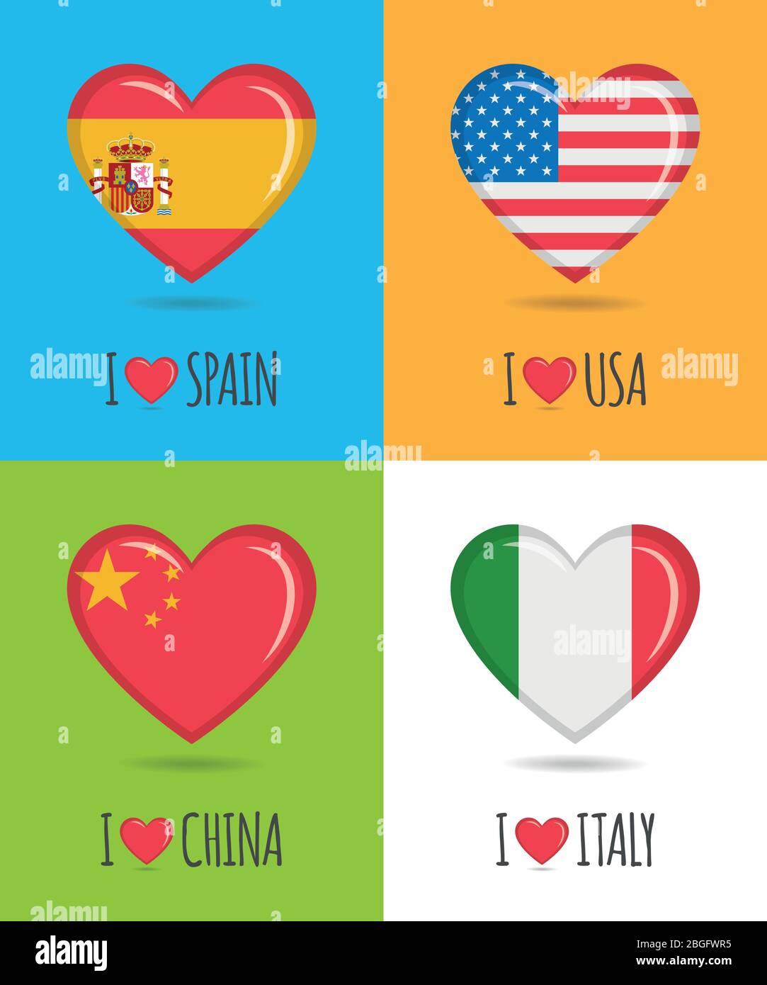 Affiches épris et colorées de l'Espagne, des États-Unis, de la Chine et de l'Italie avec drapeau national en forme de coeur et illustration vectorielle de texte Illustration de Vecteur