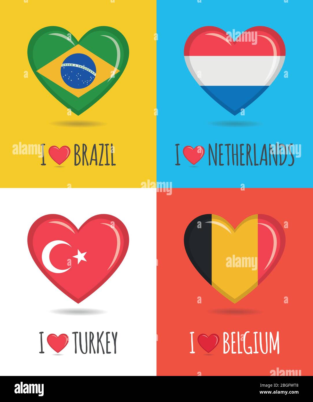 Affiches épris et colorées du Brésil, des Pays-Bas, de la Turquie et de la Belgique avec drapeau national en forme de coeur et illustration vectorielle de texte Illustration de Vecteur